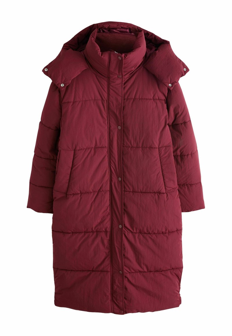 Bordeauxfarbener Steppmantel mit hohem Kragen, Druckknöpfen und zwei Seitentaschen. Mit gesteppten Nähten und mittellangem Schnitt.