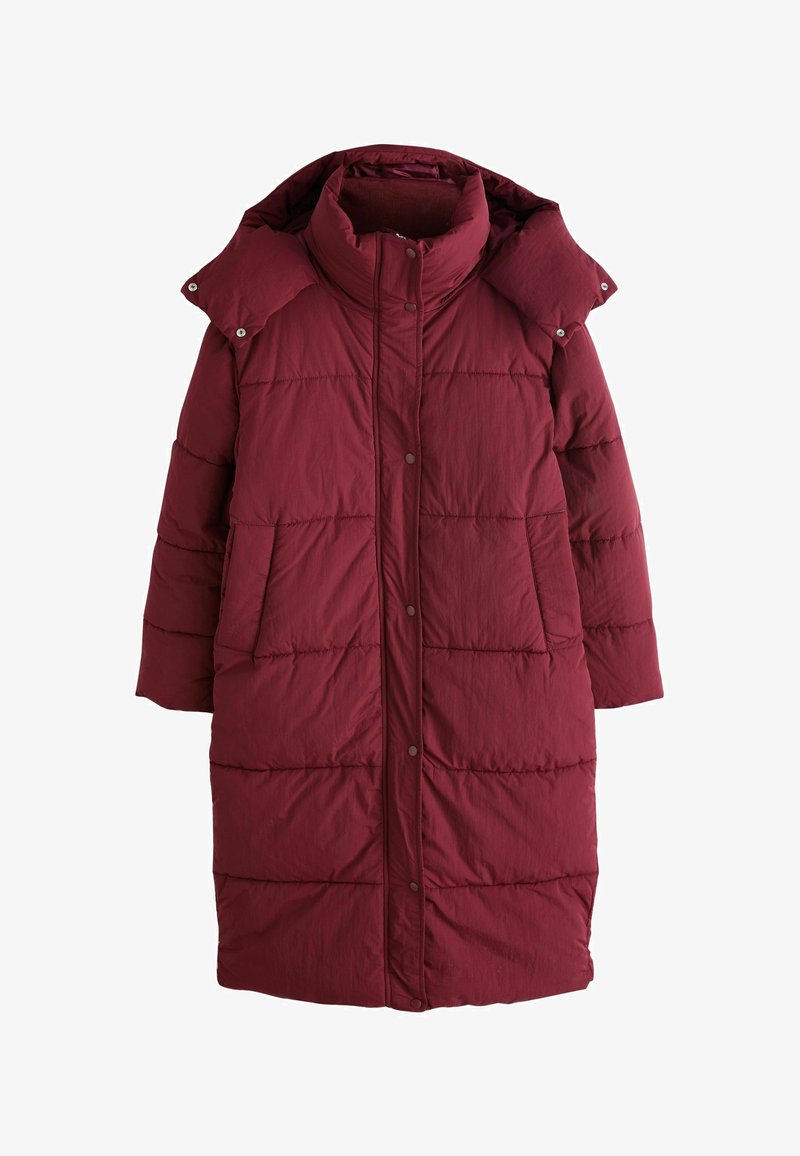 Bordeauxfarbener Steppmantel mit hohem Kragen, Druckknöpfen und zwei Seitentaschen. Mit gesteppten Nähten und mittellangem Schnitt.