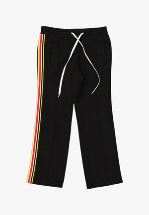 Pantalon de jogging noir avec cordon blanc et bandes latérales jaunes, rouges, blanches et noires, avec deux poches avant.