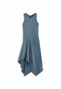Blaises Satin-Kleid mit ärmellosem Design, asymmetrischem Saum, glatter Textur und V-Ausschnitt. Verfügt über schräg verlaufende Nähte und minimale Hardware.