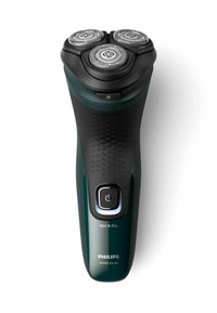 Rasoio Philips della serie 3000X, con un corpo nero e verde scuro, tre teste di rasatura circolari e una presa testurizzata con pulsante di accensione.