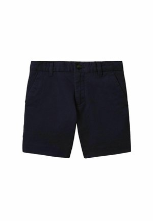 Donker marineblauwe casual shorts met knoop en riemlussen, voorzakken en een strak, eenvoudig ontwerp op een witte achtergrond.