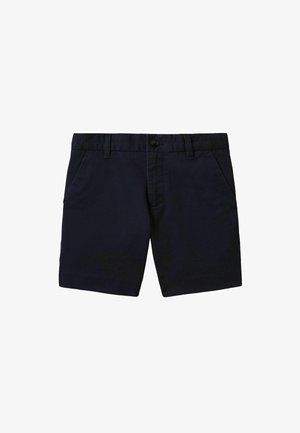 Donker marineblauwe casual shorts met knoop en riemlussen, voorzakken en een strak, eenvoudig ontwerp op een witte achtergrond.