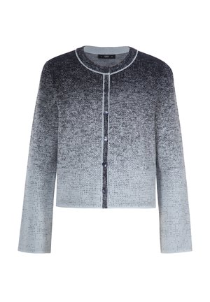 Gray ombre cardigan with long sleeves, round neck, button closure, and textured pattern. Features a smooth finish and decorative buttons.