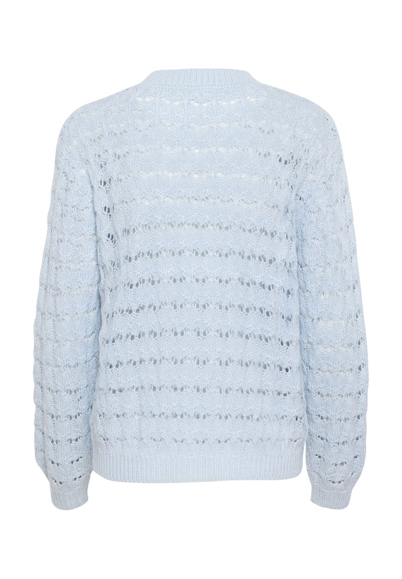 Hellesblaues Strickpullover mit strukturiertem Muster und offenen Streifen. Ribbelcuffs und -saum runden das legere Design ab.