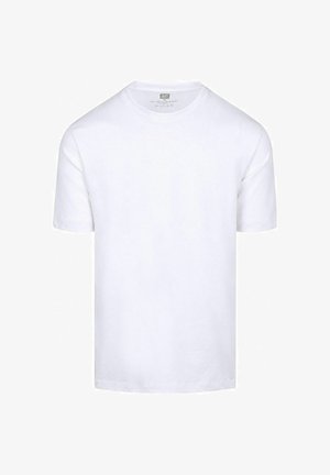 Effen wit T-shirt met korte mouwen en een ronde hals, label zichtbaar aan de binnenkant van de kraag, weergegeven op een witte achtergrond.