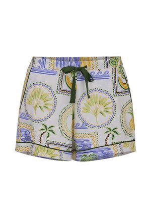Białe szorty z zielonym sznurkiem, ozdobione żółtymi, zielonymi i niebieskimi tropikalnymi i geometrycznymi wzorami, w tym palmami i okrągłymi wzorami.