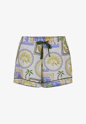 Białe szorty z zielonym sznurkiem, ozdobione żółtymi, zielonymi i niebieskimi tropikalnymi i geometrycznymi wzorami, w tym palmami i okrągłymi wzorami.