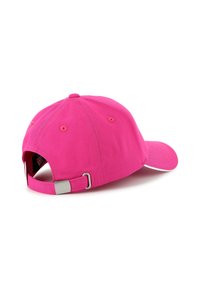 Casquette de baseball en coton rose avec un bord incurvé, une boucle métallique réglable et des œillets ventilés à l'arrière. Finition en tissu texturé.