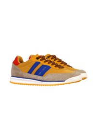 Baskets jaunes, bleues et marron en matériaux en daim et synthétiques, avec des accents contrastants, des lacets marron et une semelle blanche avec des détails jaunes.