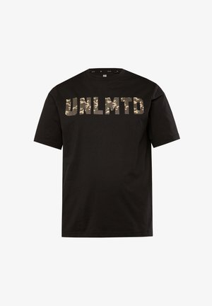 Czarny bawełniany t-shirt z napisem "UNLMTD" w kamuflażowych wielkich literach na przodzie. Krótkie rękawy i klasyczny krój z okrągłym dekoltem.