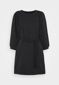 Svart klänning i mjukt tyg, med rund halsringning, puffärmar, bälte i midjan och A-linjefasong med minimal dekoration.