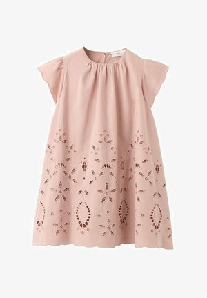 Pink cotton dress with short flutter sleeves, featuring embroidered floral patterns and cut-out details along the hem. Smooth texture.