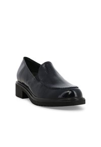 Scarpe slip-on in pelle blu navy con punta arrotondata, tomaia testurizzata e suola spessa in gomma nera. Presentano cuciture lungo i bordi.