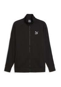 Svart zip-up jacka i texturerat material. Har hög krage, två sidofickor och en vit Puma-logotyp på bröstet.