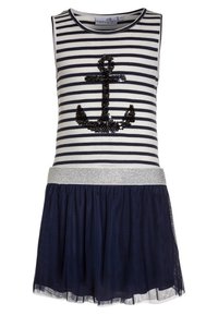 Vestido sin mangas a rayas con diseño de ancla decorada con lentejuelas en el torso, cinturilla plateada y falda de tul en color marino. Tela suave, estilo casual.