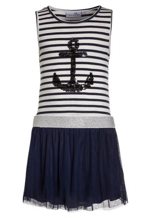 Raidallinen hihaton mekko, jossa on kimalteleva ankkuri-kuvio yläosassa, hopeinen vyötärö ja tummansininen tüllihame. Pehmeä kangas, rento tyyli.