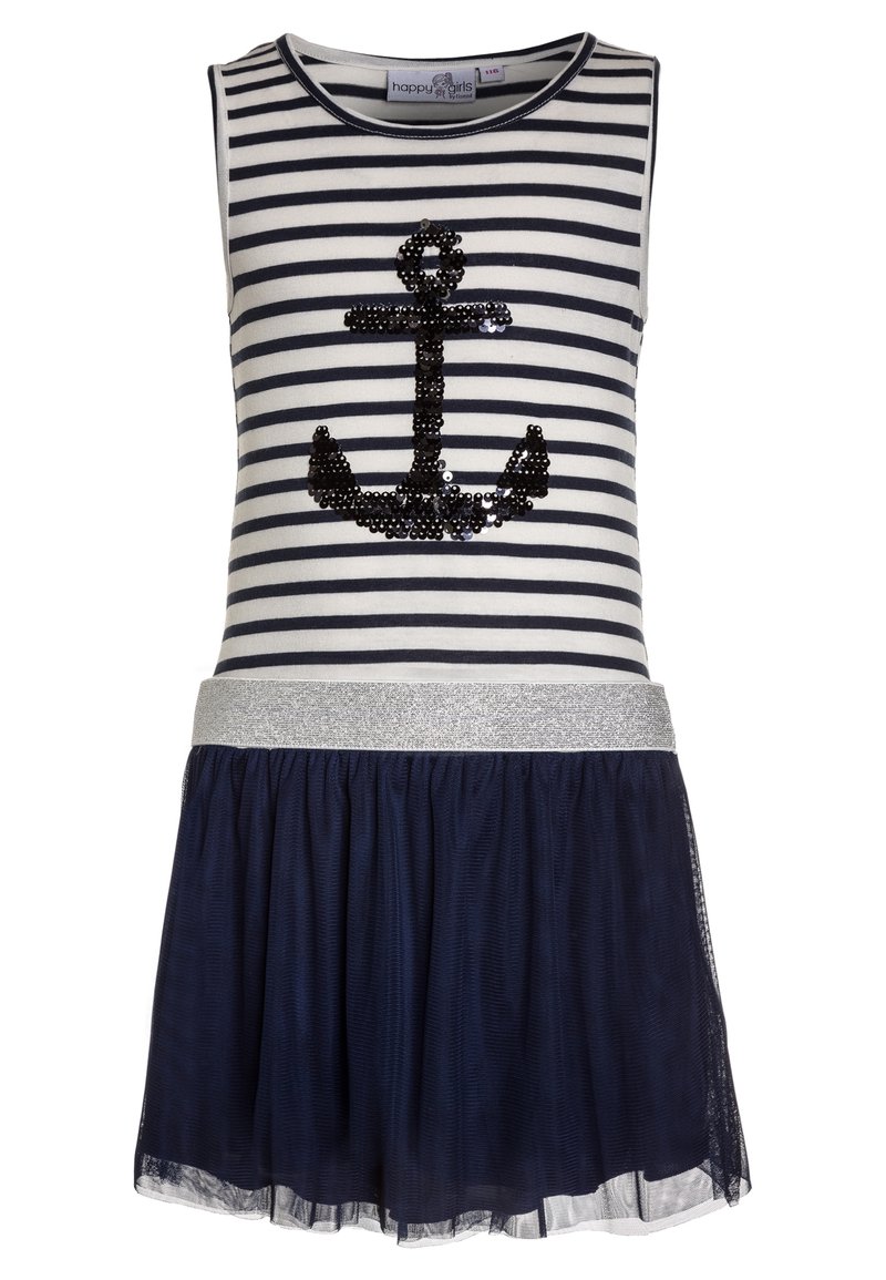 Vestido sin mangas a rayas con diseño de ancla decorada con lentejuelas en el torso, cinturilla plateada y falda de tul en color marino. Tela suave, estilo casual.