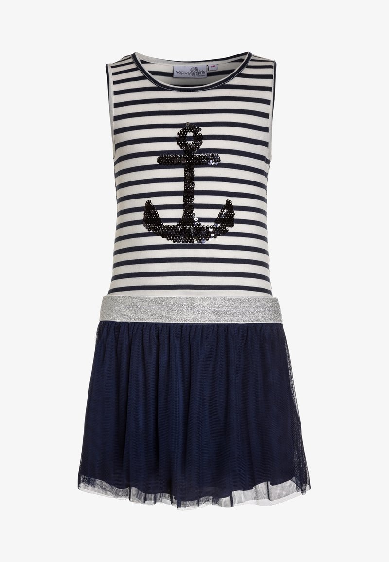 Vestido sin mangas a rayas con diseño de ancla decorada con lentejuelas en el torso, cinturilla plateada y falda de tul en color marino. Tela suave, estilo casual.