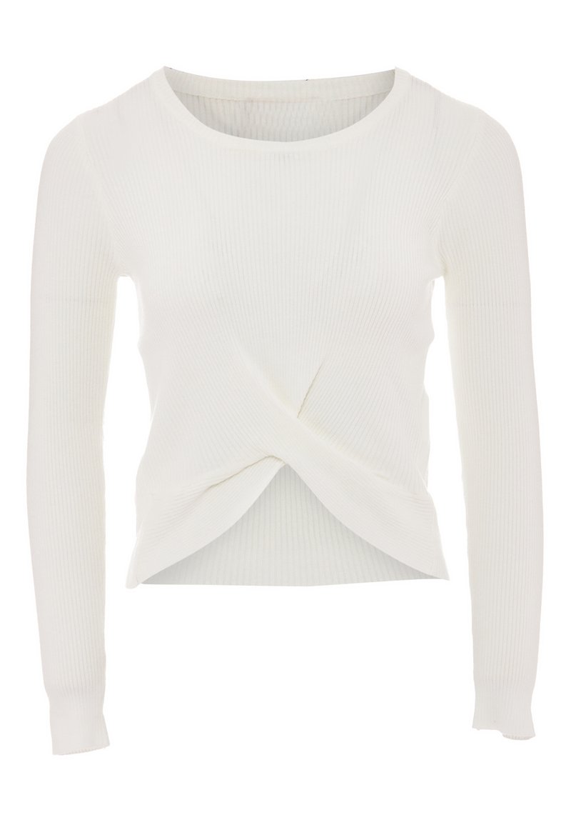 Top bianco a maniche lunghe a coste, con scollatura rotonda e dettaglio frontale attorcigliato, caratterizzato da una vestibilità aderente e una texture liscia.