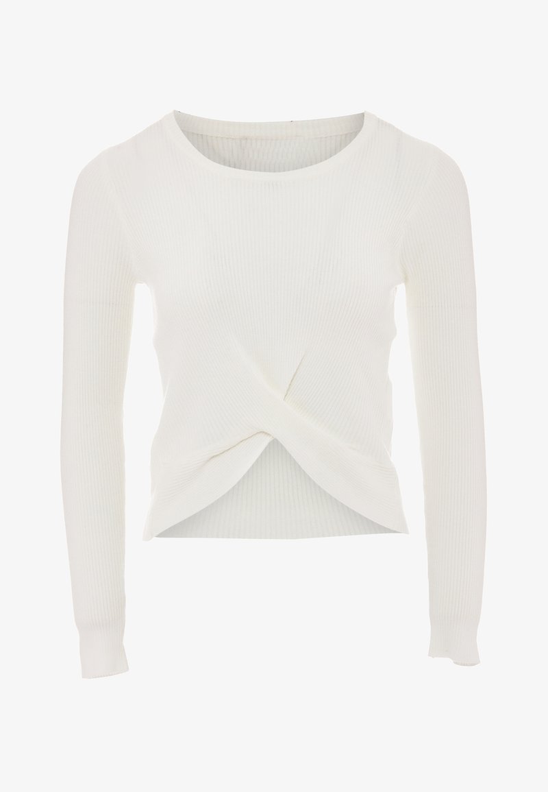 Biała, prążkowana bluzka z długim rękawem o okrągłym dekolcie i skręconym przodzie, o dopasowanym kroju i gładkiej fakturze.