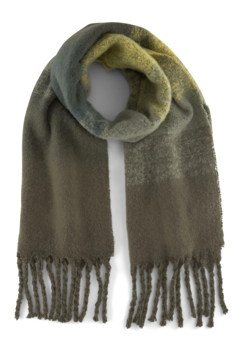 Écharpe douce en tissu tissé dans des tons verts et jaunes atténués, avec de longues franges torsadées aux deux extrémités, présentée à plat avec une extrémité bouclée.