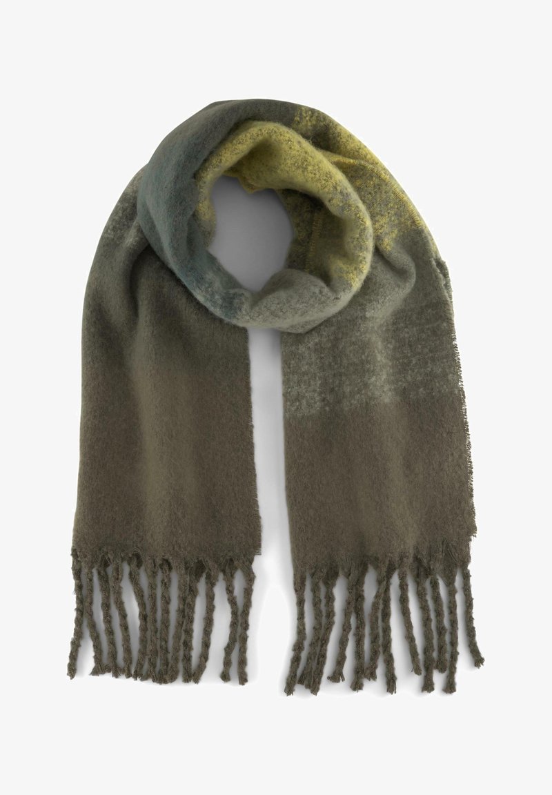 Écharpe douce en tissu tissé dans des tons verts et jaunes atténués, avec de longues franges torsadées aux deux extrémités, présentée à plat avec une extrémité bouclée.