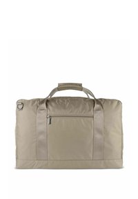 Sac de sport en nylon beige avec poignées doubles en tissu, poche avant zippée et texture lisse. Forme rectangulaire simple avec détail d'étiquette de logo.