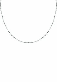 Silver chain necklace with a twisted design, featuring fine, interlocking links and a smooth finish. Lightweight and flexible.