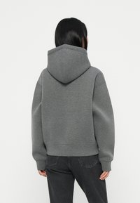 Pilkas gobtuvas, pagamintas iš minkštos medžiagos, erdvi nugara ir raštuoti rankogaliai. Derinamas su tamsiomis džinsomis, rodomas iš nugaros.