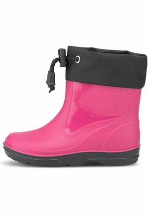 Roze waterdichte rubberen laars met een zwarte tekstielboord, verstelbaar trekkoord en een gestructureerde zool voor grip. Glad afgewerkt met een ronde neus.