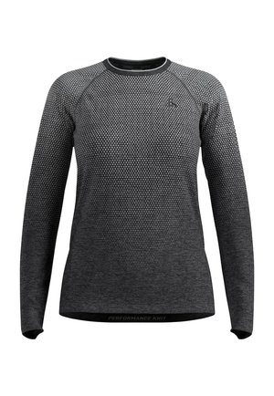 Long-sleeve performance knit top in gradient grey with textured pattern, round neck, and contrasting hem label. Stretchy, fitted design.