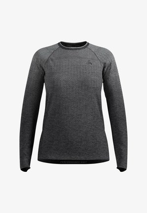 Long-sleeve performance knit top in gradient grey with textured pattern, round neck, and contrasting hem label. Stretchy, fitted design.