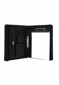 Portefeuille en simili cuir noir avec plusieurs emplacements pour cartes, un classeur en métal argenté et un support pour maintenir un bloc-notes ou des documents.