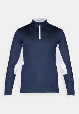 Navy long-sleeve shirt with a white accent on the sides, a half-zip collar, and a smooth, stretchy fabric. Classic athletic design.