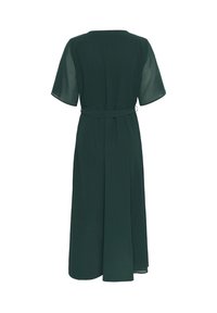 Green dress made of lightweight fabric, featuring short sleeves, a cinched waist, and a flowy, A-line skirt with a knee-length hem.