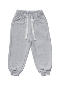 Hellgraue Kinder-Sweatpants mit elastischem Bund, weißen Kordeln, seitlichen Taschen und gerippten Bündchen an den Knöcheln.