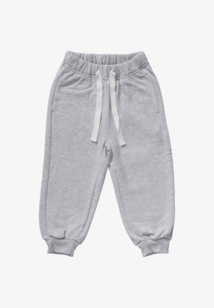 Lichtgrijze kinder sweatpants met een elastische tailleband, witte trekkoorden, zijzakken en ribgebreide boorden bij de enkels.