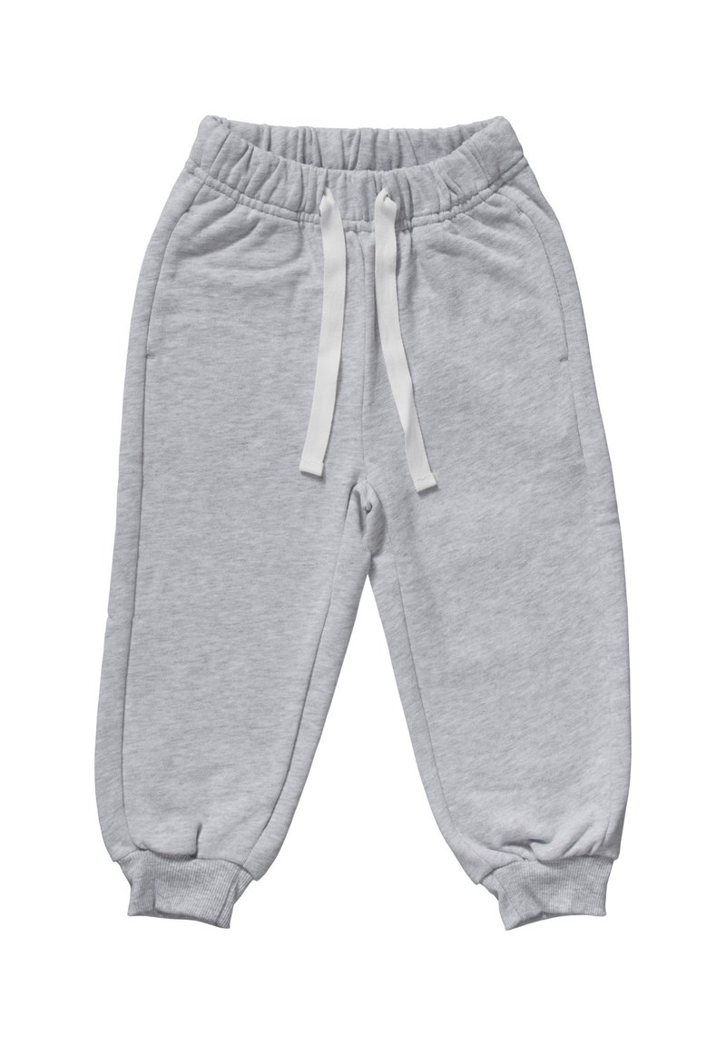 Hellgraue Kinder-Sweatpants mit elastischem Bund, weißen Kordeln, seitlichen Taschen und gerippten Bündchen an den Knöcheln.