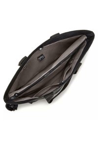 Borsa in tessuto nero con interno grigio chiaro. Presenta più scomparti, una tasca con zip e manici robusti. Finitura testurizzata con etichetta del logo.