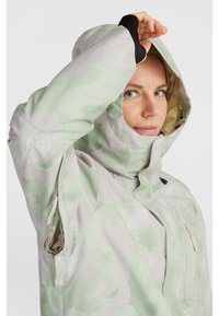 Water-resistant jacket in light green with a subtle abstract pattern. Features a large hood, zippered pockets, and adjustable cuffs.