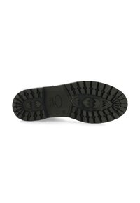 Suela de zapato de goma negra con un diseño texturizado y un patrón de piso que incluye elementos en zigzag y triángulo para mayor agarre. Incluye un detalle de marca en relieve.