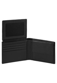 Black leather wallet featuring a textured finish, multiple card slots, and a clear ID window. Compact bi-fold design for easy storage.
