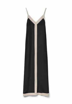 Abito nero con spalline sottili e scollatura a V, con un bordo beige a contrasto lungo il centro e l'orlo. Tessuto morbido, design lungo fino al pavimento.