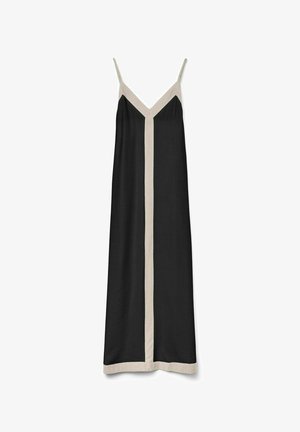 Abito nero con spalline sottili e scollatura a V, con un bordo beige a contrasto lungo il centro e l'orlo. Tessuto morbido, design lungo fino al pavimento.
