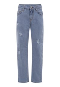 Jeans in denim azzurro chiaro con vestibilità dritta, caratterizzati da dettagli strappati e cuciture a contrasto. Design classico a cinque tasche.