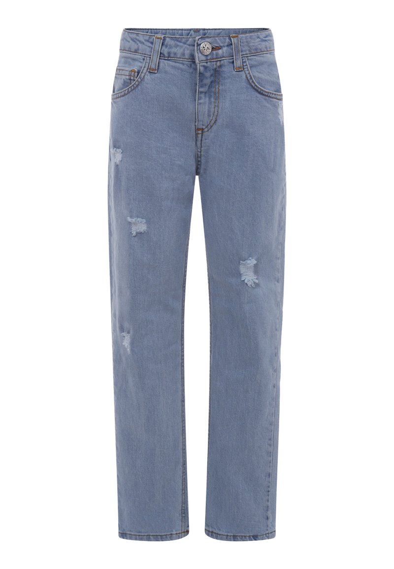 Jeans in denim azzurro chiaro con vestibilità dritta, caratterizzati da dettagli strappati e cuciture a contrasto. Design classico a cinque tasche.