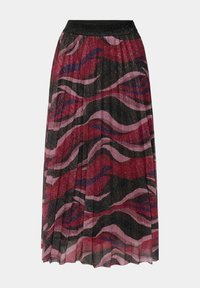 Jupe midi plissée avec motif ondulé abstrait dans des nuances de rouge, rose, noir et violet, avec une ceinture élastique noire.