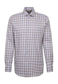 Geruite blouse in lichtblauw en bruin. Heeft lange mouwen, een klassieke kraag en een knoopsluiting aan de voorkant met een zak aan de linkerkant.