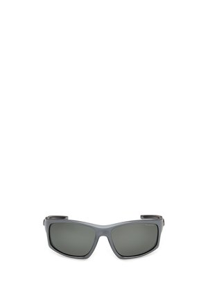 Schwarze rechteckige polarisierte Sonnenbrille mit dickem Rahmen und gebogenen Bügeln vor weißem Hintergrund.